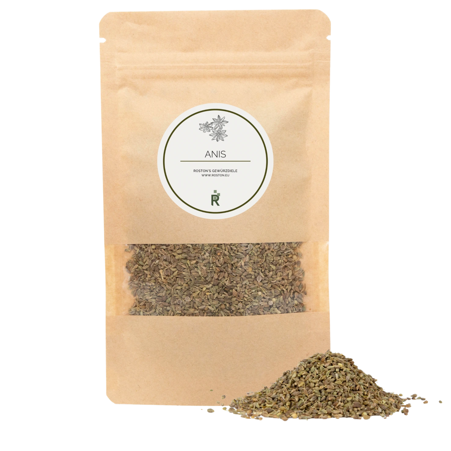Das Bild zeigt einen Haufen Anis vor einer Verpackung.