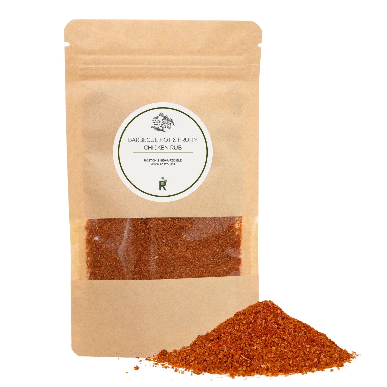 Das Bild zeigt einen Haufen Barbecue Hot & Fruity Chicken Rub vor einer Verpackung.