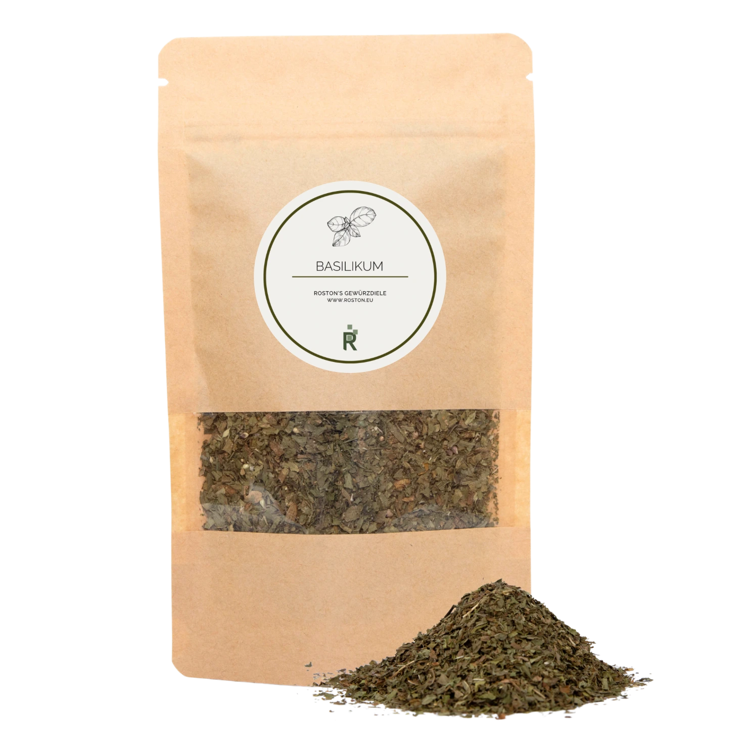 Das Bild zeigt einen Haufen Basilikum vor einer Verpackung.