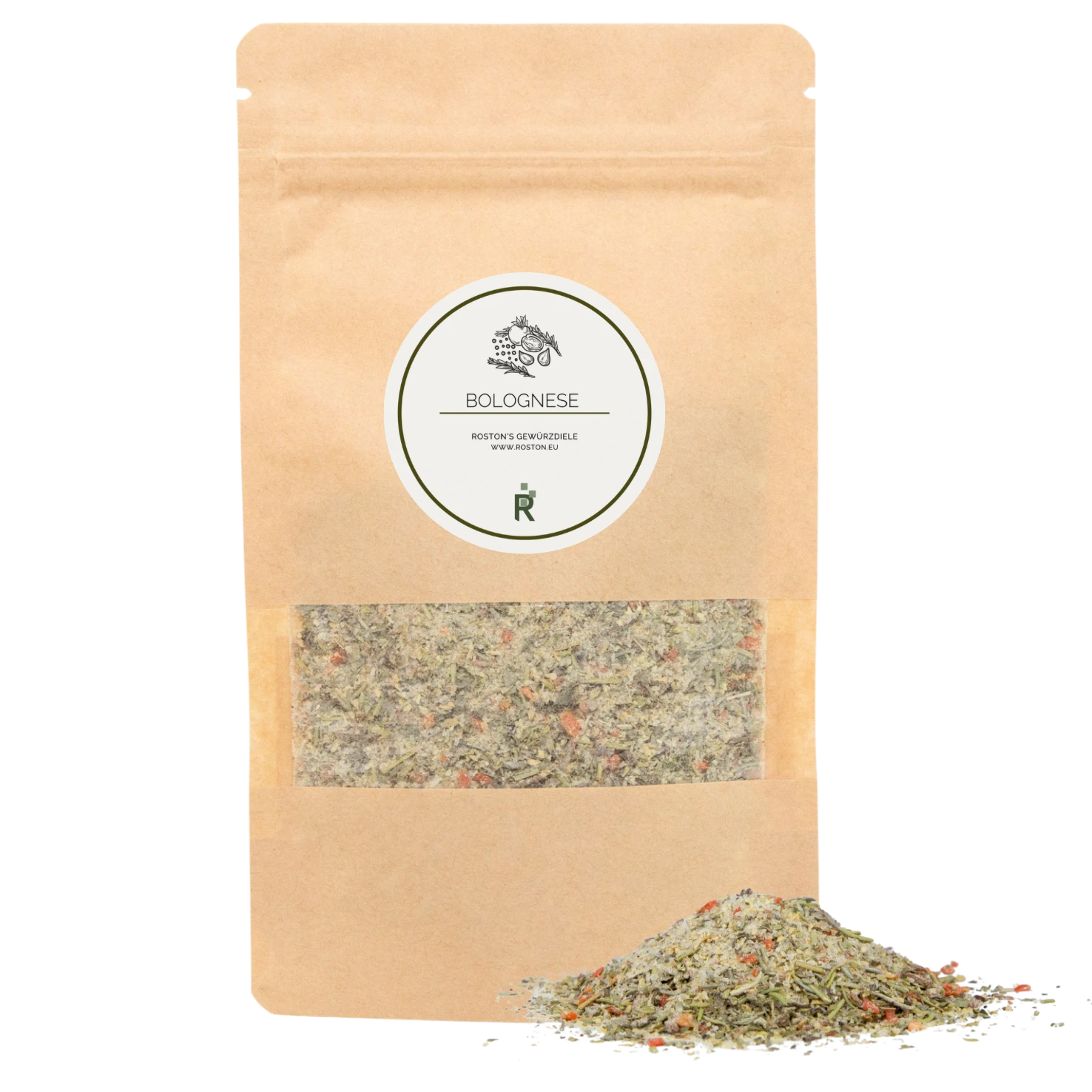 Das Bild zeigt einen Haufen Bolognese Gewürz vor einer Verpackung.