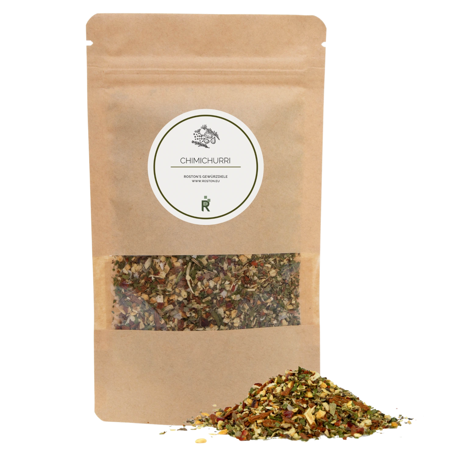 Das Bild zeigt einen Haufen Chimichurri vor einer Verpackung.