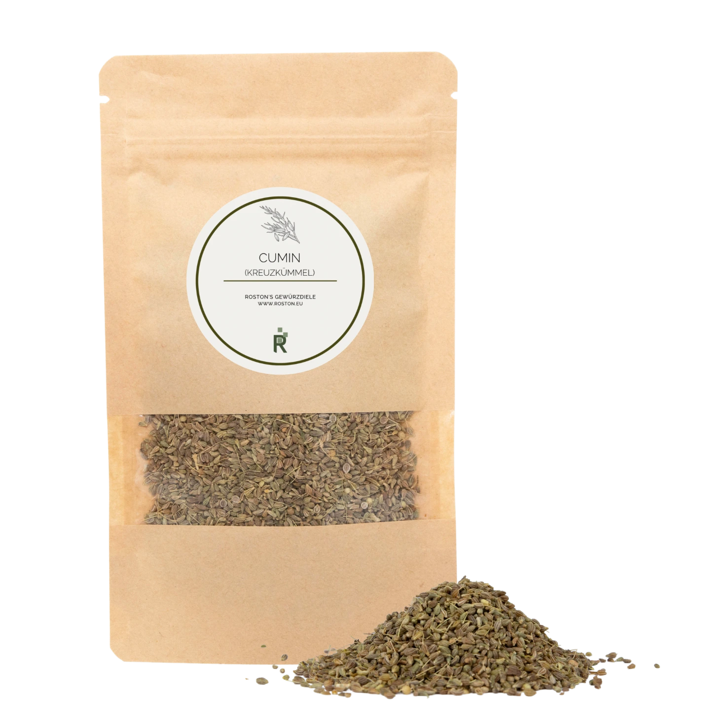 Das Bild zeigt einen Haufen Kreuzkümmel vor einer Verpackung.