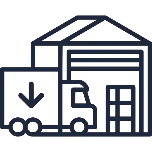 Das Piktogramm zeigt eine Lagerhalle mit offenem Tor während ein LKW vor diesem parkt.