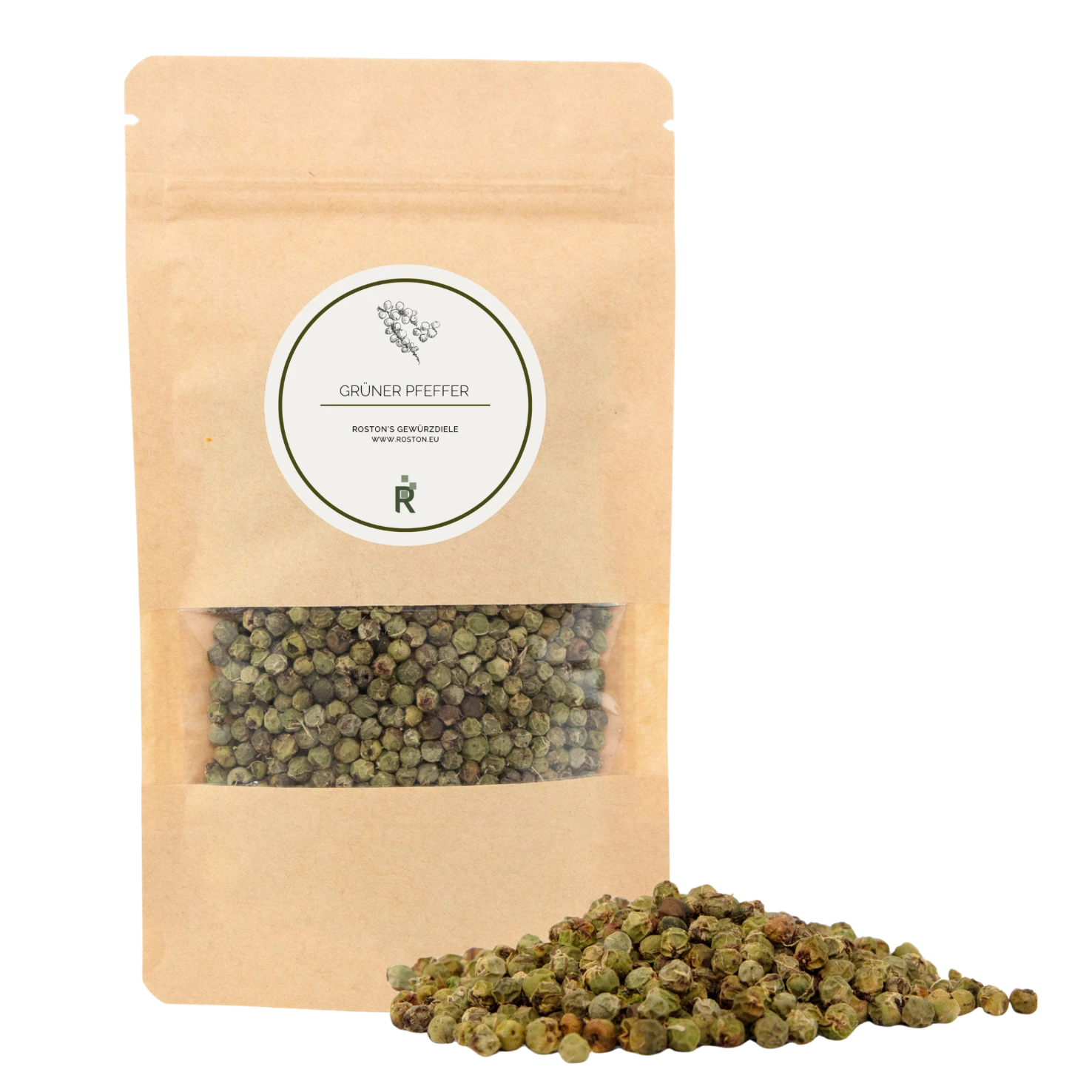 Das Bild zeigt einen Haufen grüner Pfeffer vor einer Verpackung.
