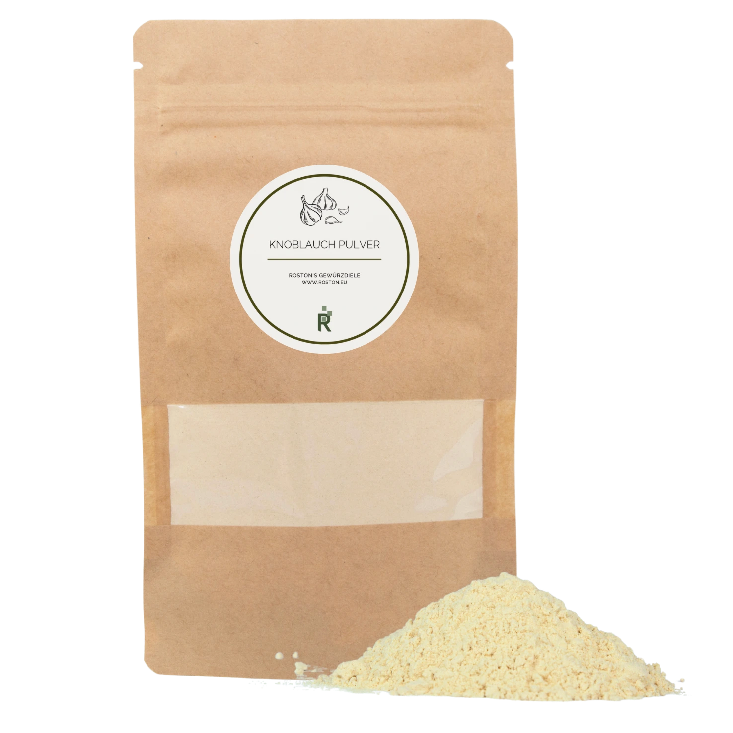 Das Bild zeigt einen Haufen Knoblauchpulver vor einer Verpackung.