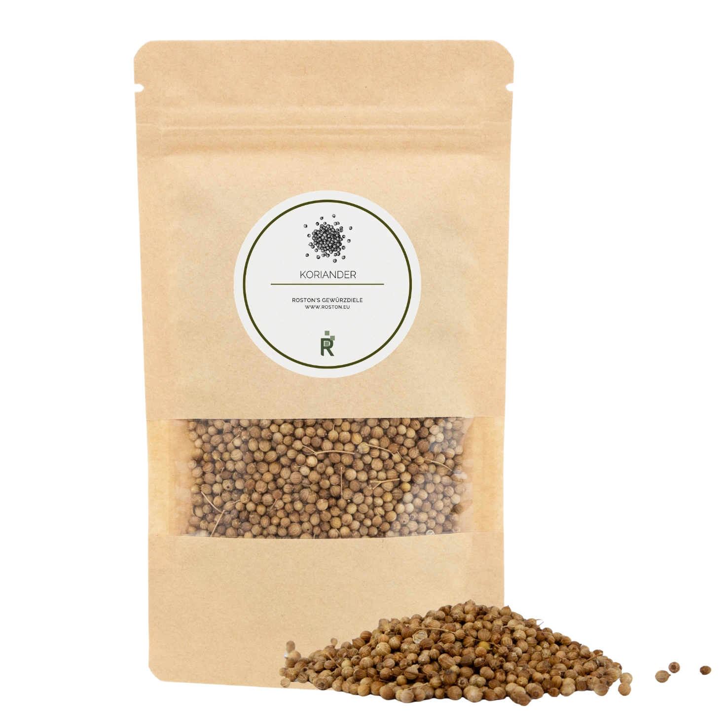 Auf diesem Bild ist das Gewürz Koriander ganz vor einer Verpackung zu sehen.