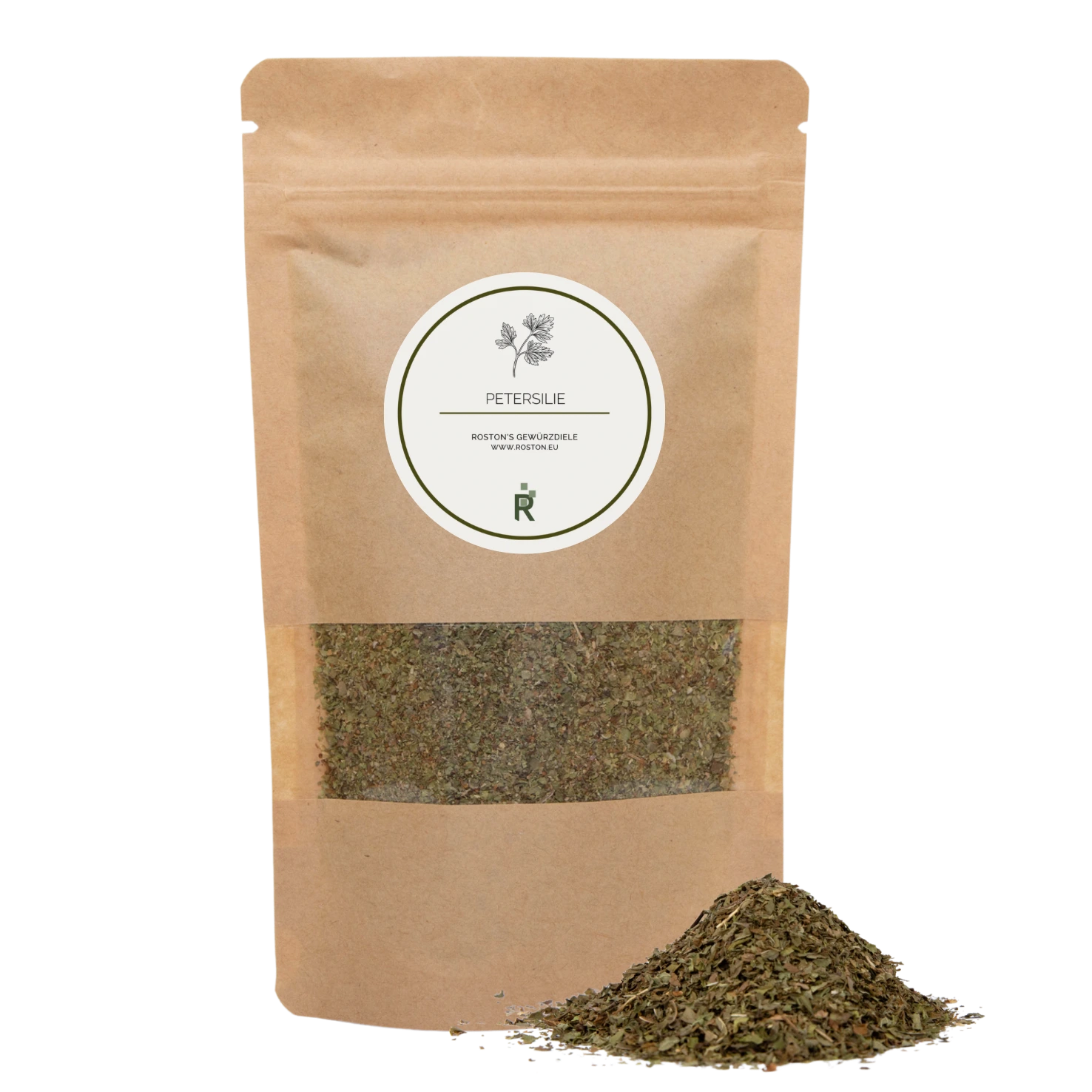Das Bild zeigt einen Haufen Petersilie vor einer Verpackung.