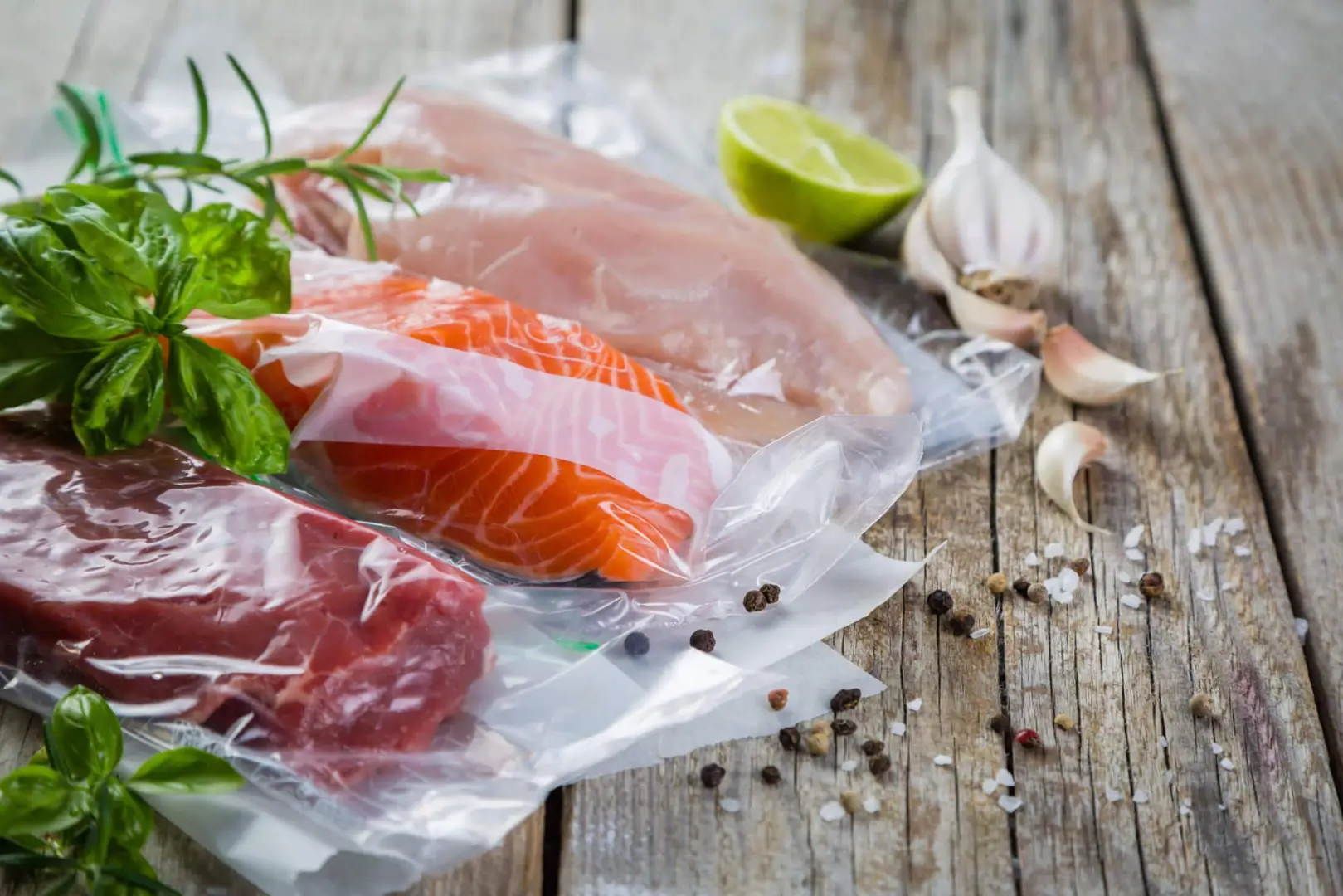 Das Bild zeigt verschiedene Fleisch und Fischsorten in Vakuumbeutel verpackt und mit verschiedenen Kräutern in Szene gesetzt.