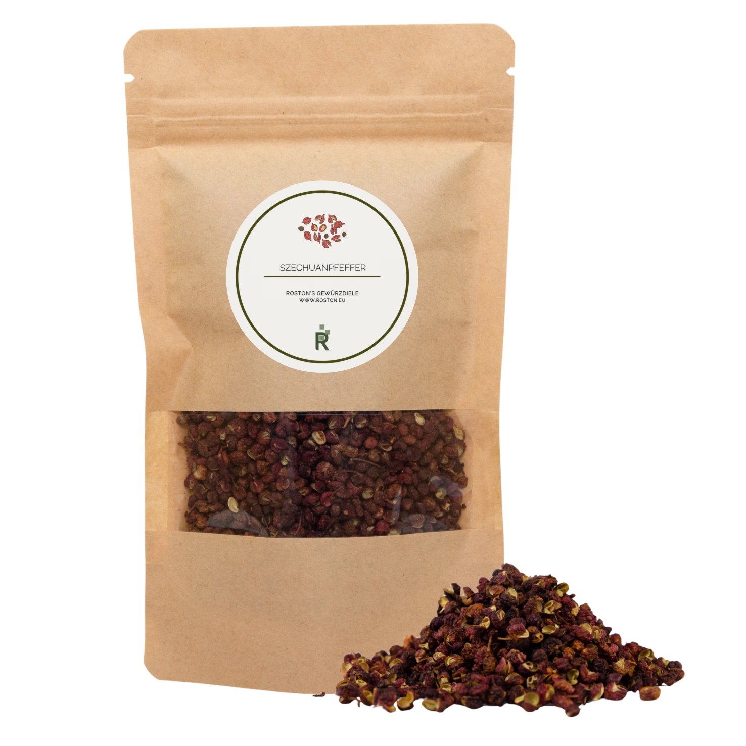 Das Bild zeigt einen Haufen Szechuanpfeffer vor einer Verpackung.